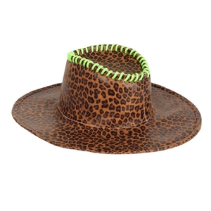 Western leopard print cowboy hat with neon green stitching details on white background