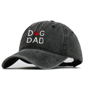 Vintage dark grey washed cotton baseball cap with DOG DAD embroidery and red paw icon