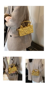 Chic gold acrylic evening bag with ice crack texture shown in handheld and crossbody styles