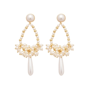Elegant French vintage gold drop earrings with white pearls and tassels on white background