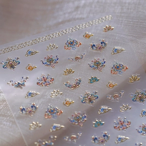 Traditional Chinese 5D embossed nail stickers with gold lotus and cloud patterns