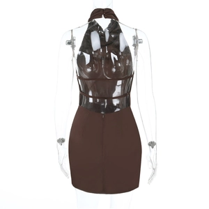 Detail of deep brown backless mini dress with elegant halter neck and lace-up ties