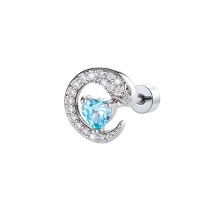 Silver crescent moon and blue heart zircon ear stud with crystal pave and screw back