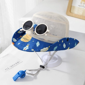 Detail of kids breathable mesh sun hat with space prints and decorative sunglasses