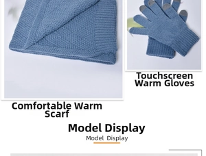 Detail of grey-blue knitted scarf and touchscreen gloves set for winter warmth