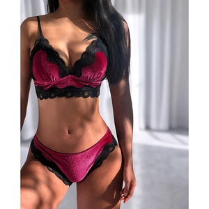 Lingerie Velours Dentelle Soutien-Gorge Et Culotte Sans Armatures Triangle Bonnets Fins Sexy Push Up Sous-Vêtements Femmes Automne Hiver