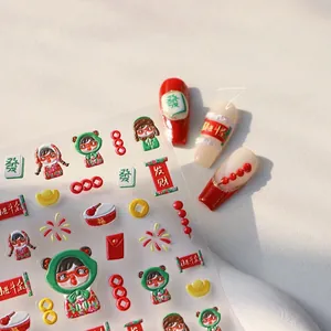 Autocollants 3D détaillés pour ongles avec motifs festifs de mahjong et enveloppes rouges