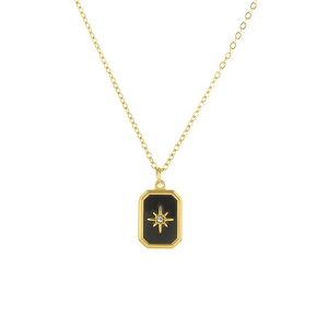 Minimalist gold stainless steel starburst necklace with black enamel and zircon pendant