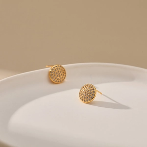 Elegant 18K gold-plated round stud earrings with shimmering pave-set zircon stones