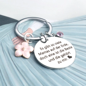 Custom stainless steel keychain with pink flower and crystal for mom with German engraving