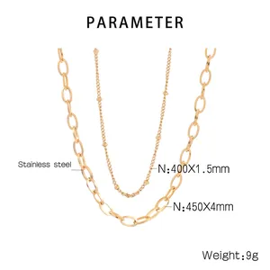 Detailed spec sheet of gold stainless steel layered necklaces with chain dimensions