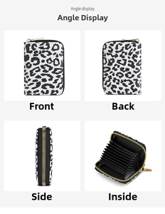 Detailed views of leopard print accordion card wallet with gold zipper and multi-slots
