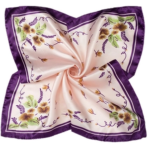 Elegant 50cm square silk scarf with floral print and purple borders on cream base