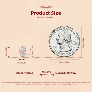 Macro detail of S925 sterling silver rose charm with dimensions compared to a coin