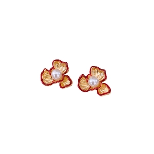 Exquisite 18k gold plated flower stud earrings with red enamel and white pearls