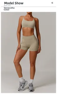 Detail show of clay colored high waist sports shorts and thin strap sports bra set