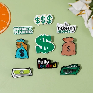 Set of 9 money-themed enamel pins featuring dollar signs and coins on a green background