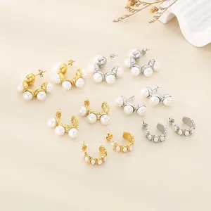 C-Shaped Hoop Earrings Stainless Steel With White Artificial Pearls Minimalist Elegant Fashion Accessories For Women