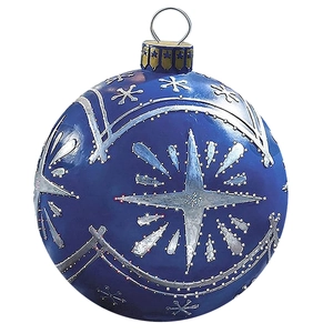 Detailed view of a 60cm blue PVC inflatable Christmas ball with silver snowflake prints