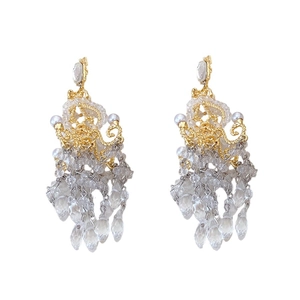 Elegant chandelier earrings with woven gold structure and silver crystal tassel drops