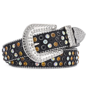 Detail of Y2K rock belt with colorful rhinestones and studded silver buckle