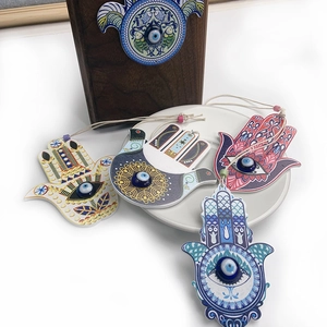 Hamsa Hand wooden pendant with evil eye pattern for home and car decor gift