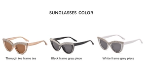 Detailed comparison of cat eye sunglasses with rhinestones in tea, black, and white colors
