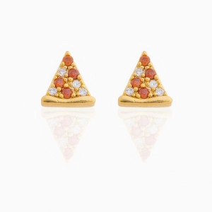 Macro detail of pizza shaped earrings with 18K gold plating and colorful zircons