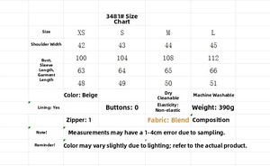 Detailed size chart for the women's marble print bomber jacket in beige showing XS-L dimensions