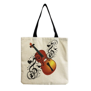 Artistic violin and music notes print on beige linen tote bag with black handles