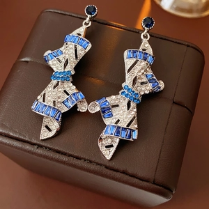 Vintage Bowknot Dangle Earrings With 925 Sterling Silver Earring Post Alloy Blue Rhinestone Jewelry For Women Sparkling Ribbon Style