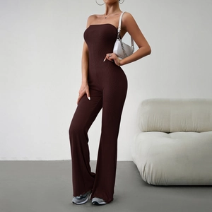 Elegant dark brown strapless jumpsuit with ribbed texture and slim fit flared trousers