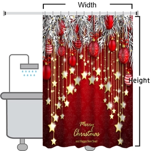 Christmas shower curtain set with red festive ornaments and Merry Christmas text
