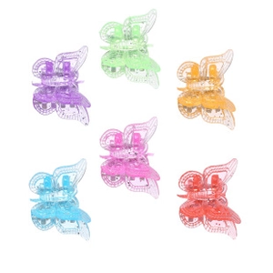 Set of six mini gradient butterfly hair clips in purple green orange blue pink and red