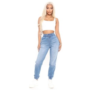 Jean Jogging Denim Femmes Haute Élasticité Mélange Coton Rayonne Taille Élastique À Cordon Ourlet Poignet Pantalon