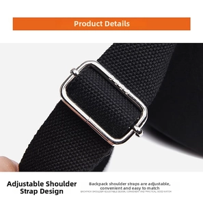 Close-up of adjustable nylon shoulder strap with silver metal buckle on black crossbody bag