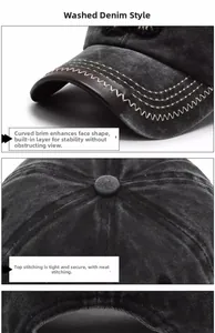 Detailed macro view of vintage washed denim baseball cap with reinforced stitching