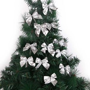 Pack of 12 silver glitter Christmas tree bows for holiday party and gift box decoration