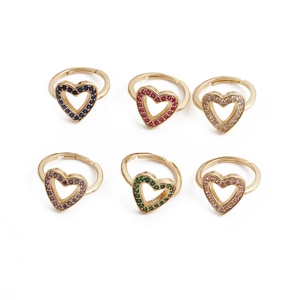 Hollow Heart Open Ring Copper Gold Plated Micro Inlaid Colorful Zircon Adjustable Jewelry For Women