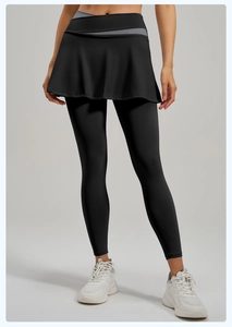 Detail of high waist yoga skorts with grey crossover waistband and layered black leggings