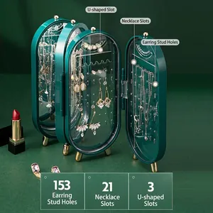 Three-door dark green folding jewelry organizer with 153 earring holes and necklace slots