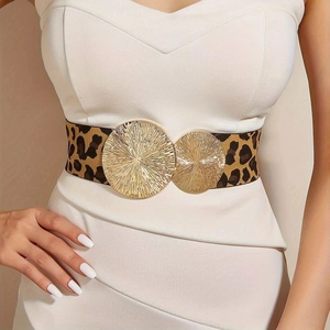 Detail of leopard print elastic waist belt with double round gold engraved metal buckles