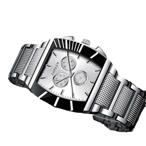 Silver square business watch with metal mesh band and multi-dial chronograph display