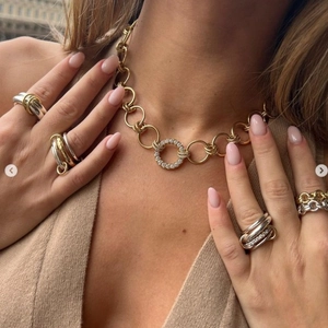 18k gold plated stainless steel chunky chain necklace and stackable rings set for women