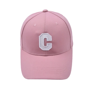 Pink fashion baseball cap with white C embroidery and curved brim for outdoor sun protection