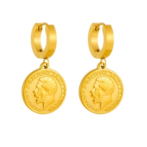 Gold vintage coin drop earrings with embossed abstract portrait on stainless steel hoops