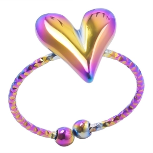 Macro shot of iridescent heart-shaped ring with textured band and adjustable open end