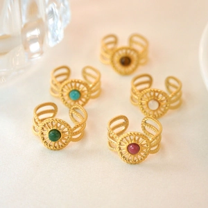 Bohemian vintage sun pattern stainless steel open rings with natural stones set of 5