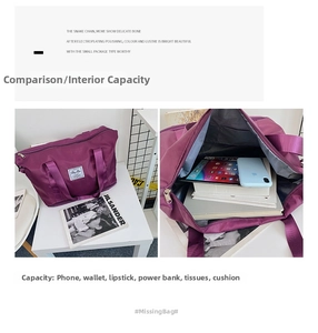 Macro shot of purple nylon duffel bag interior showing large capacity and compartments