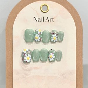 Handmade oil painting style short press-on nails with spring daisy and cat-eye finish
